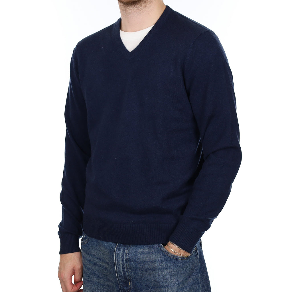 Men's Navy Blue Cashmere V Neck Jumper Medium