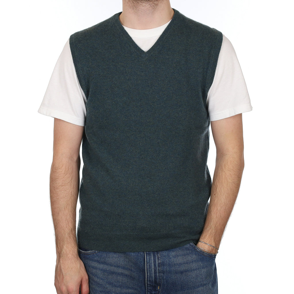Men's  Spruce Green Marl Cashmere V Neck Tank Top Medium