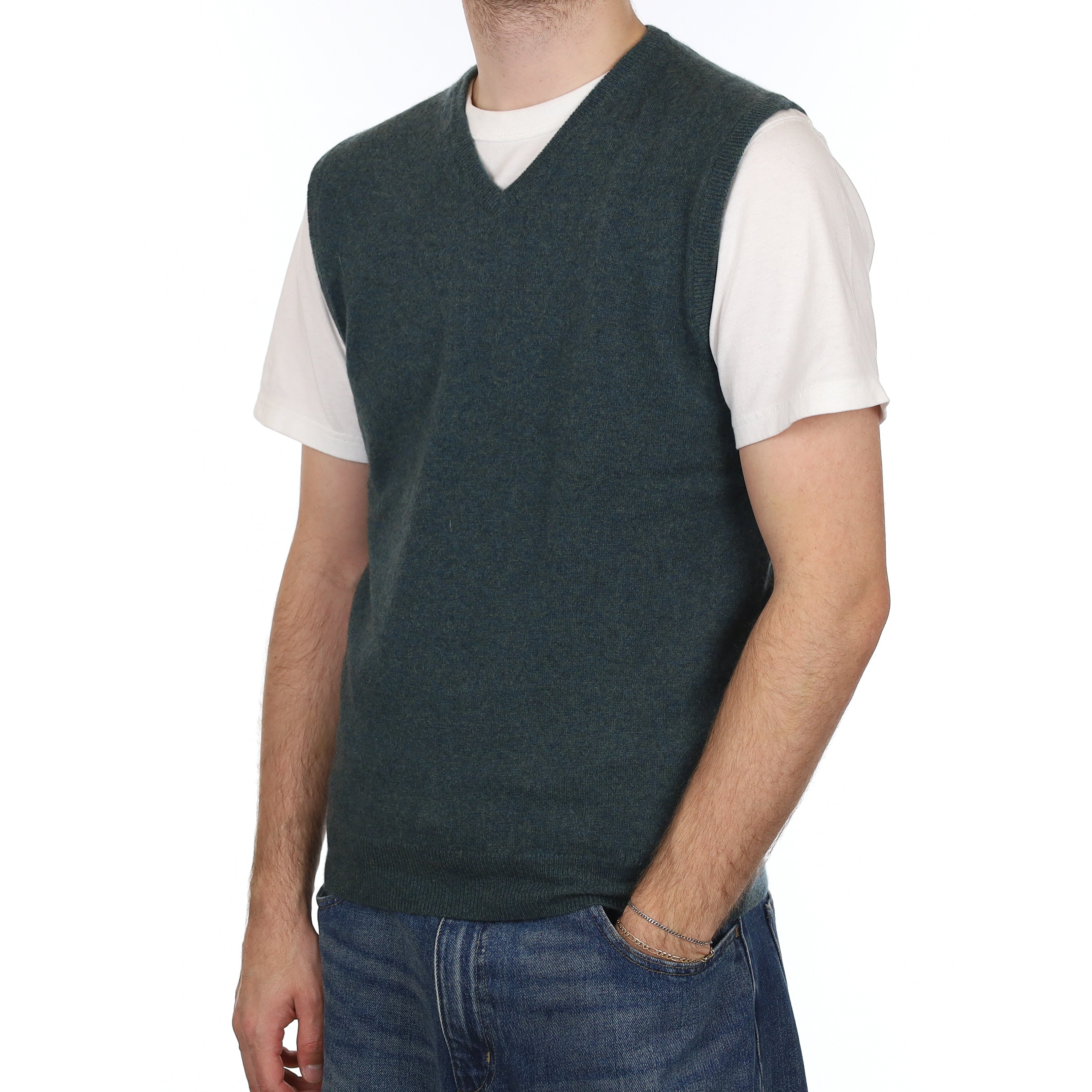 Men's  Spruce Green Marl Cashmere V Neck Tank Top Medium