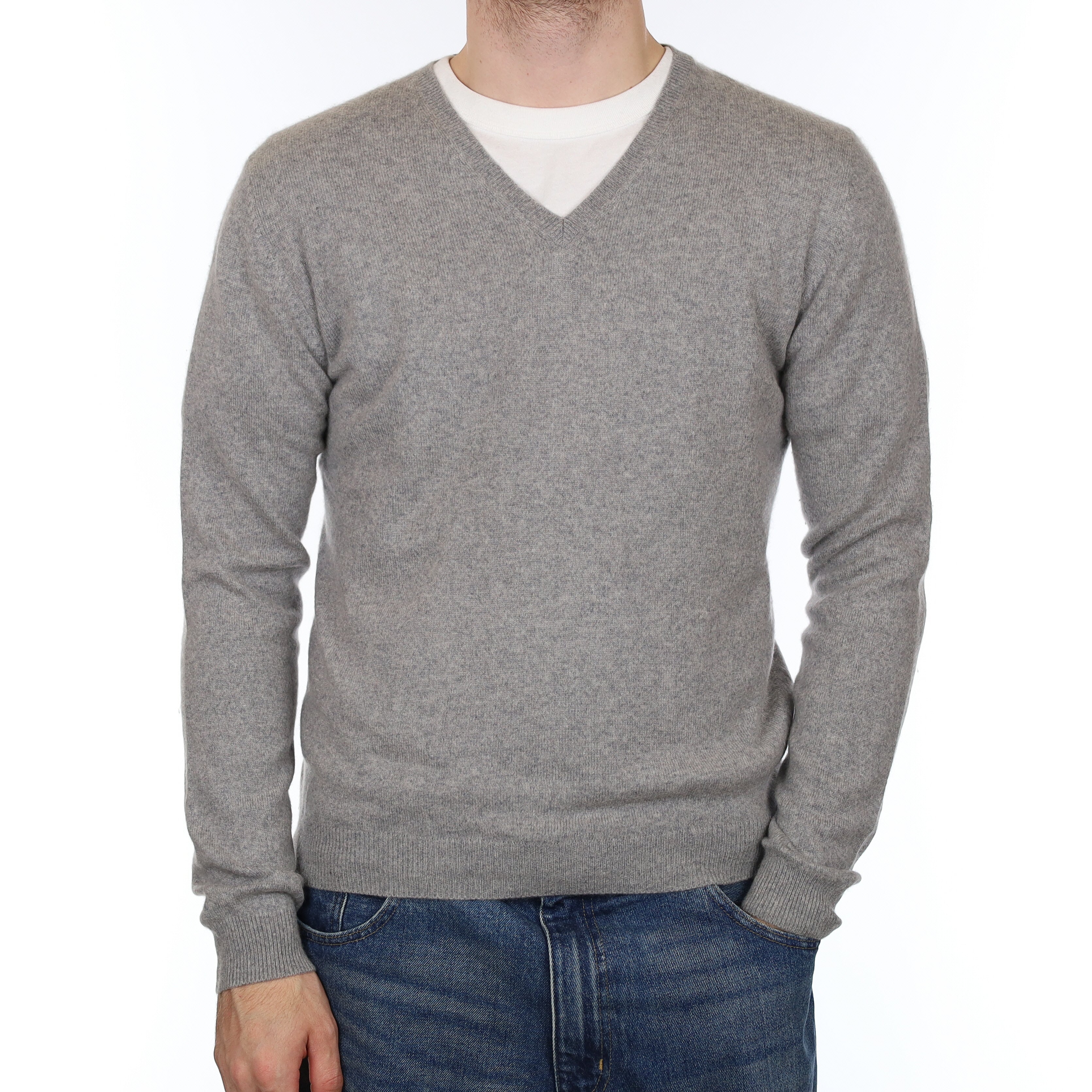 Men's Smoke Grey Cashmere V Neck Jumper Medium