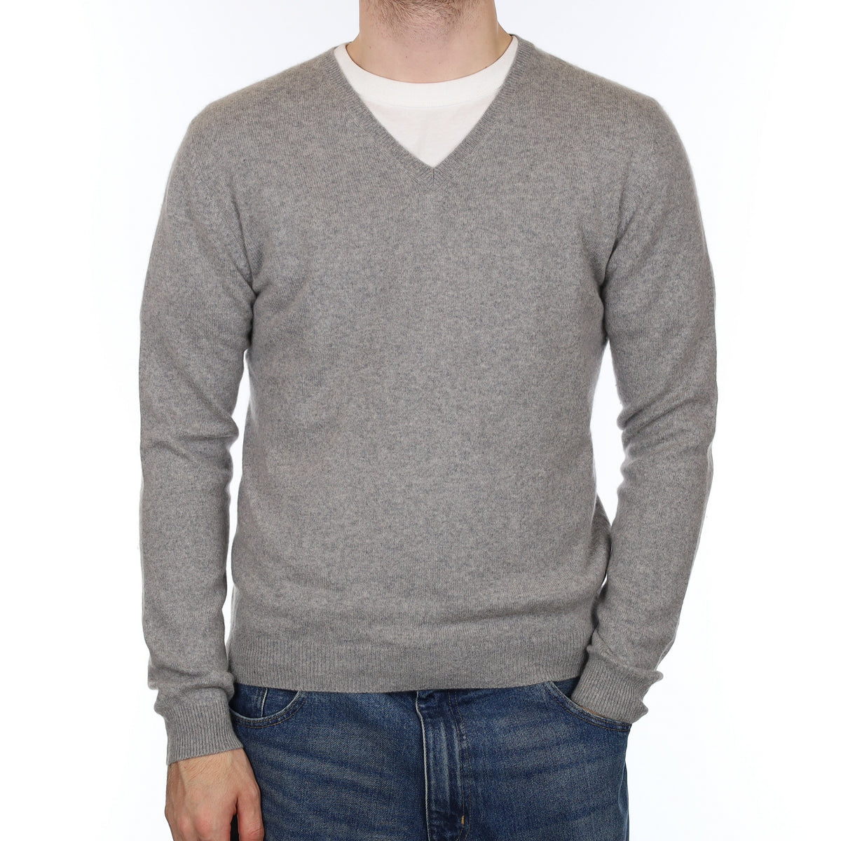 Men's Smoke Grey Cashmere V Neck Jumper Medium