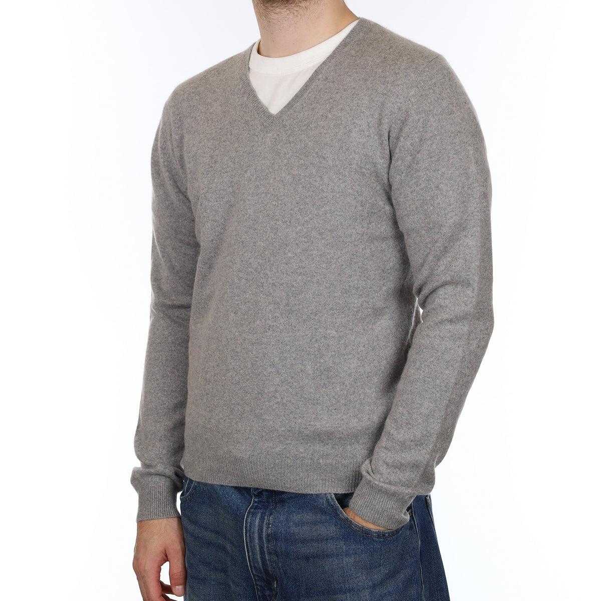 Men's Smoke Grey Cashmere V Neck Jumper Medium