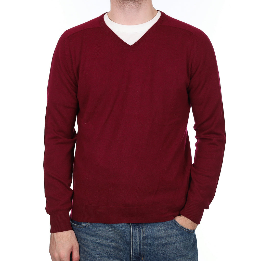 Men's Burgundy Red Cashmere V Neck Jumper Medium
