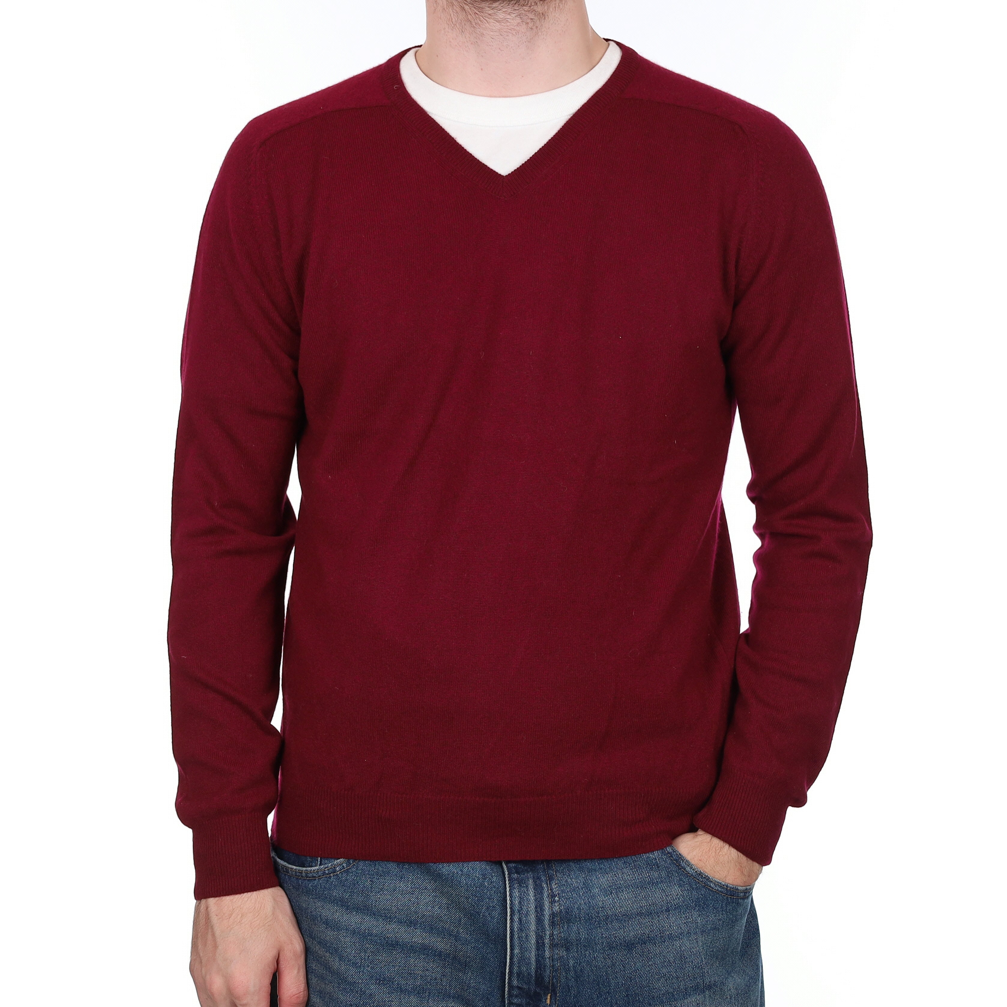 Men's Burgundy Red Cashmere V Neck Jumper Medium