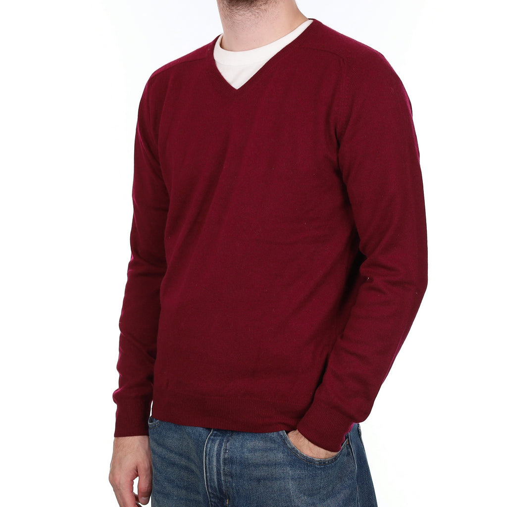 Men's Burgundy Red Cashmere V Neck Jumper Medium