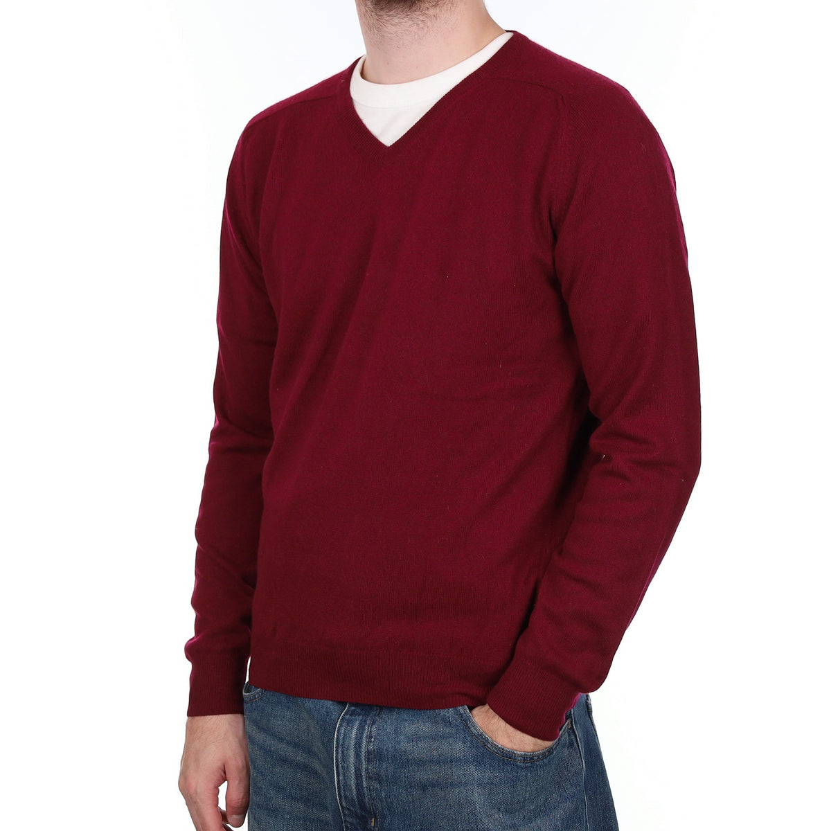 Men's Burgundy Red Cashmere V Neck Jumper Medium