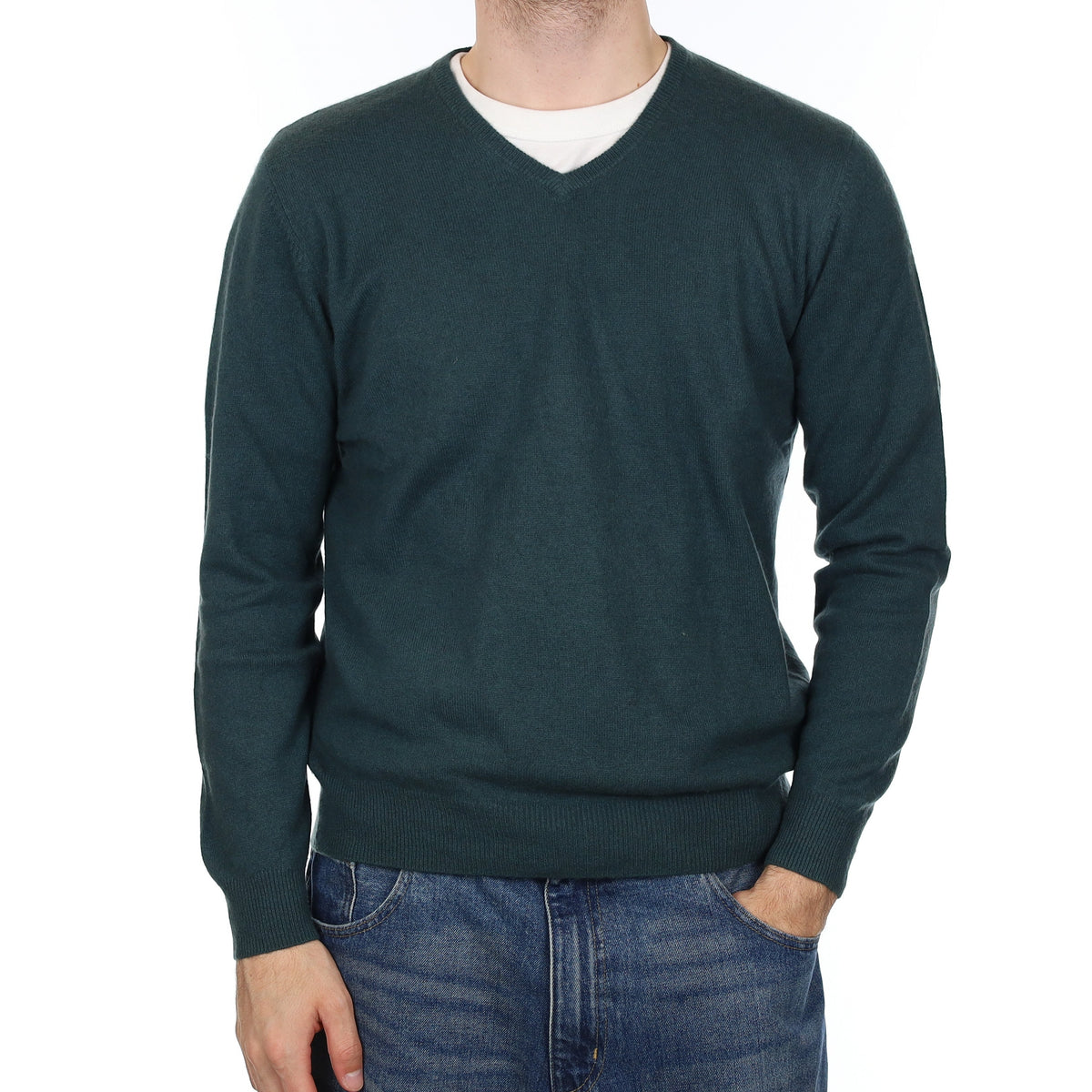 Men's Forest Green Cashmere V Neck Jumper Medium