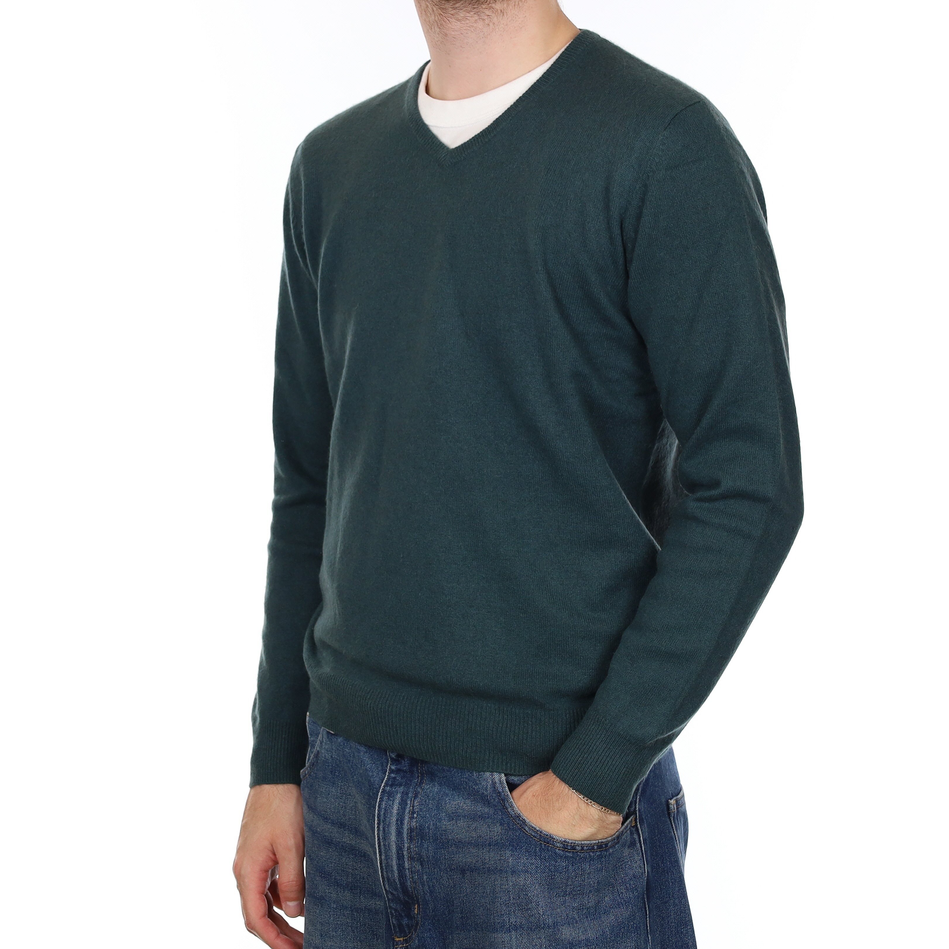 Men's Forest Green Cashmere V Neck Jumper Medium