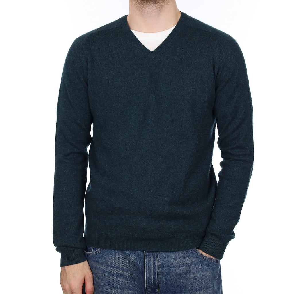 Men's Dark Forest Green Cashmere V Neck Jumper Medium