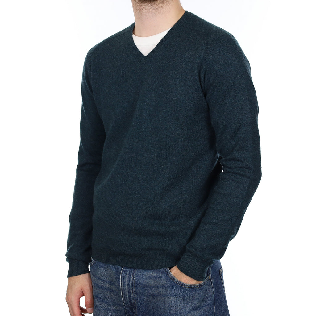 Men's Dark Forest Green Cashmere V Neck Jumper Medium