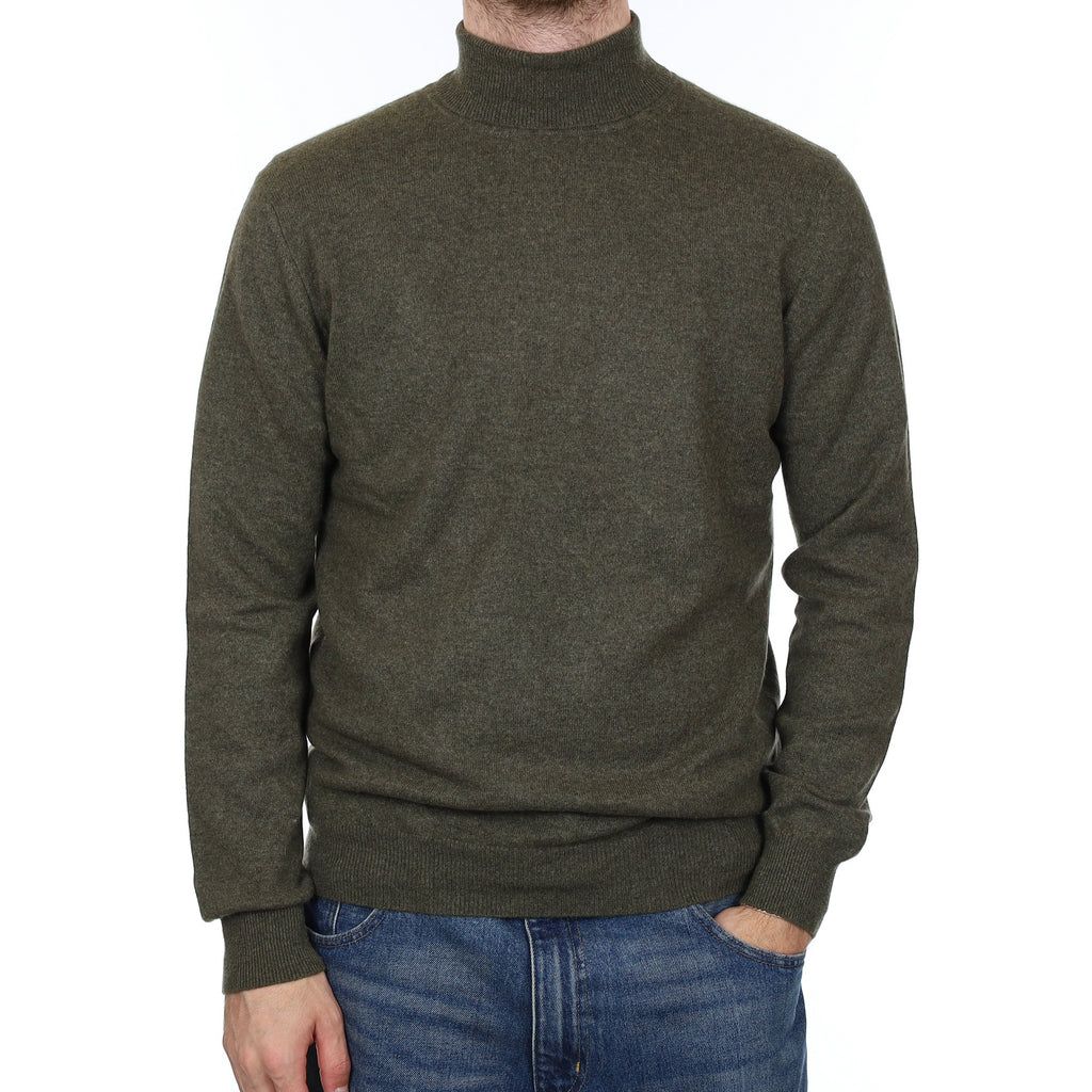 Men's Khaki Green Marl Cashmere Polo Neck Jumper Medium