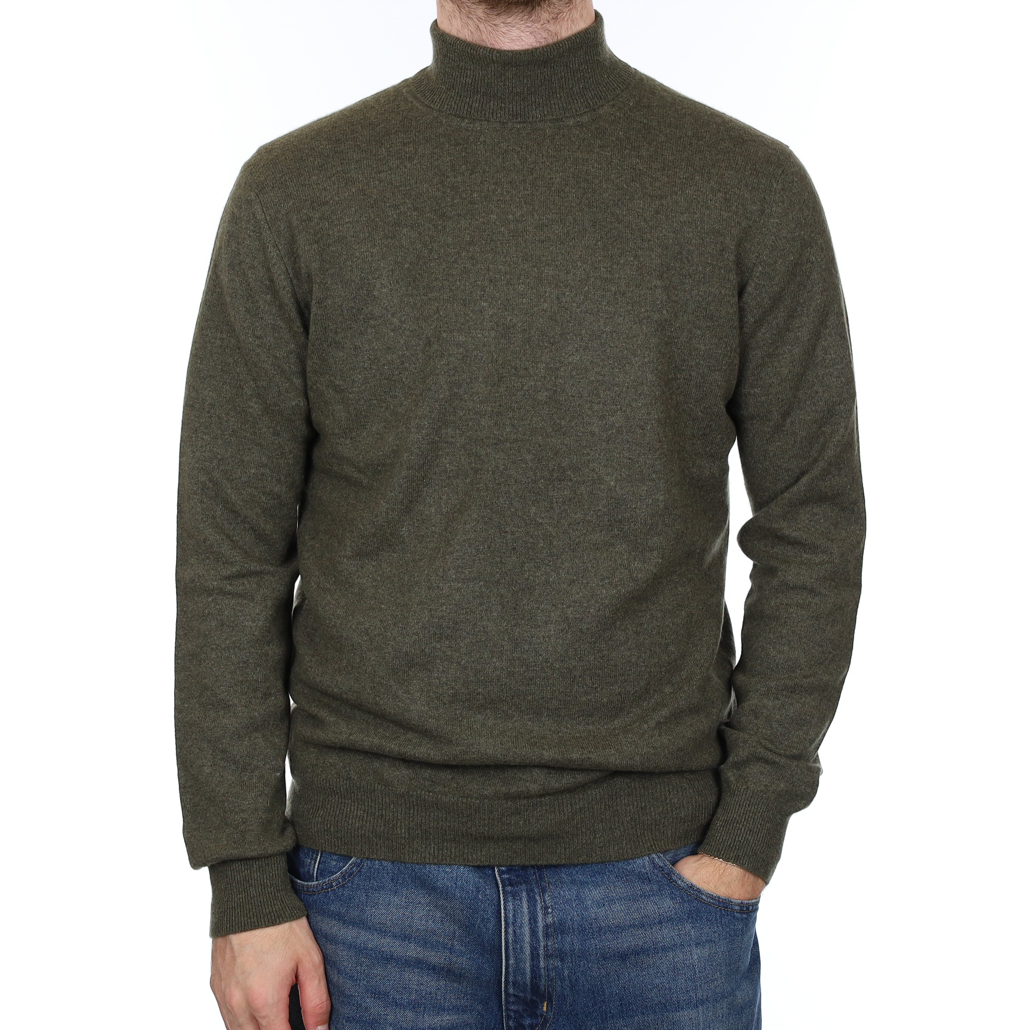 Men's Khaki Green Marl Cashmere Polo Neck Jumper Medium