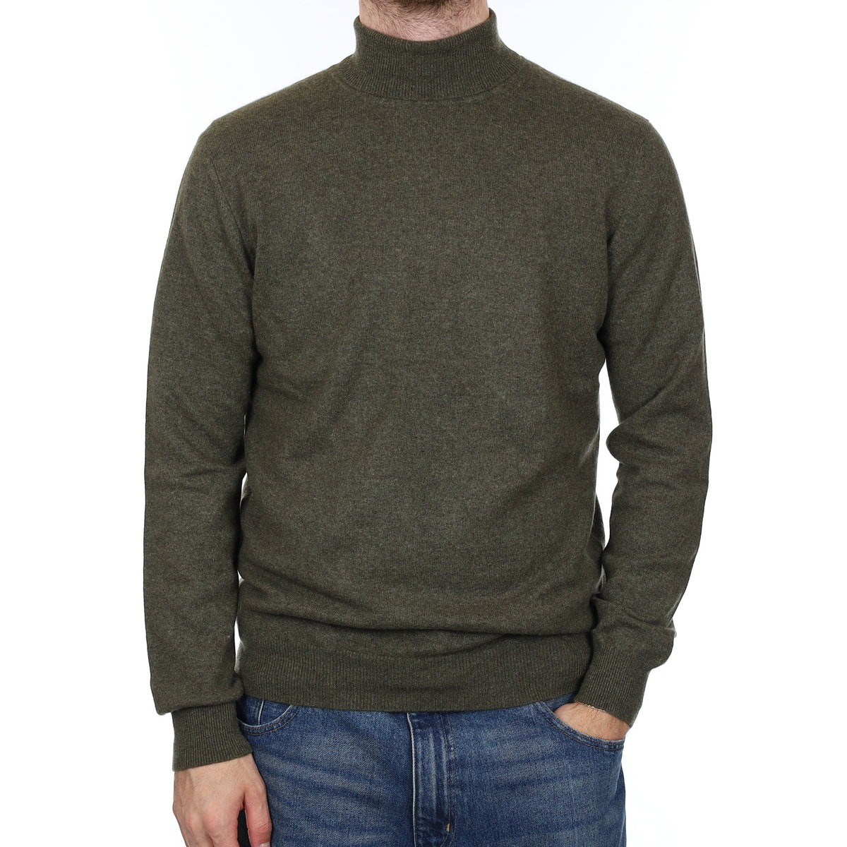 Men's Khaki Green Marl Cashmere Polo Neck Jumper Medium