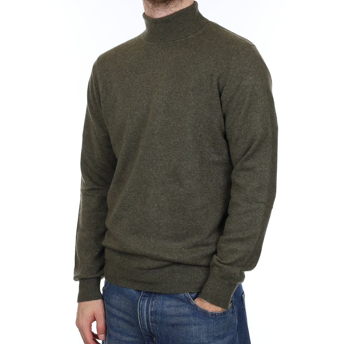 Men's Khaki Green Marl Cashmere Polo Neck Jumper Medium
