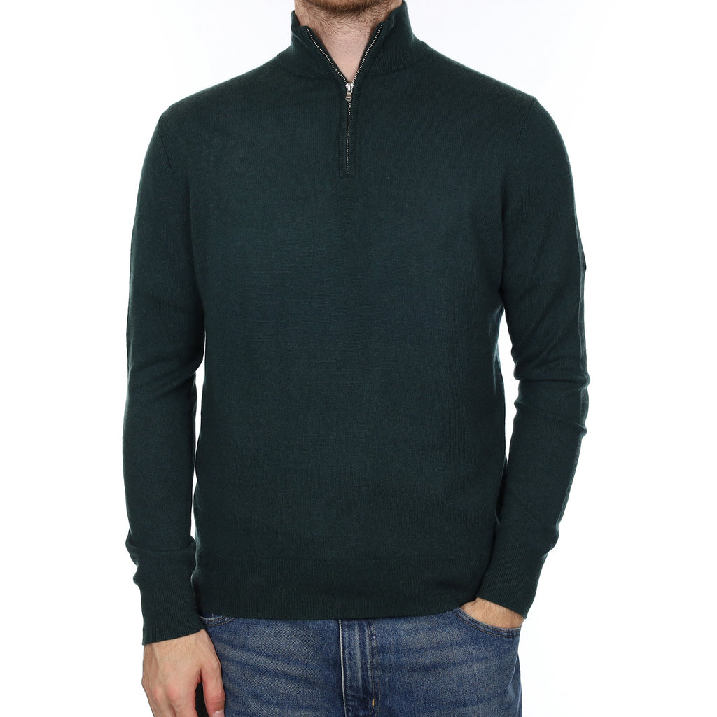 Men's Bottle Green Cashmere 1/4 Zip Jumper Medium