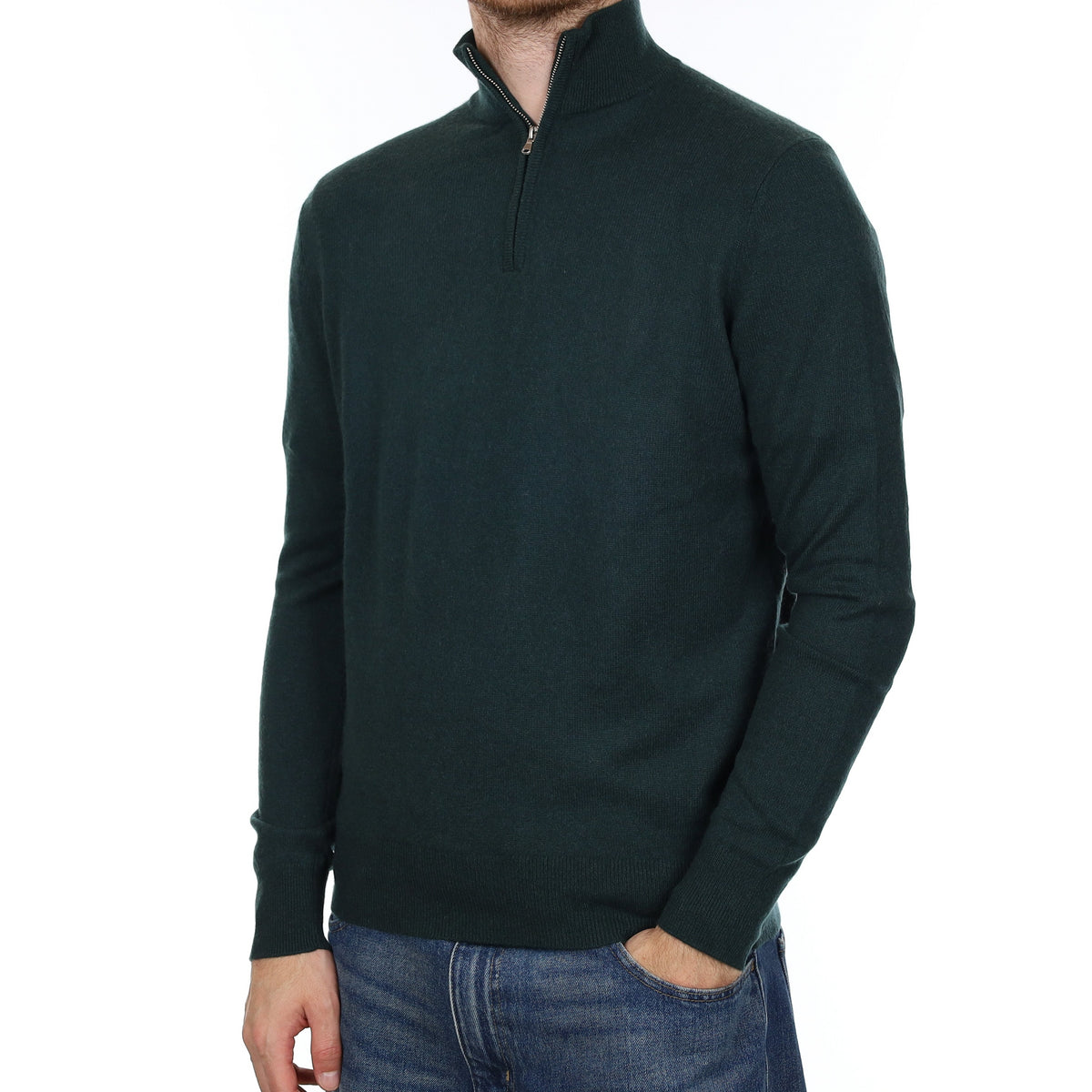 Men's Bottle Green Cashmere 1/4 Zip Jumper Medium