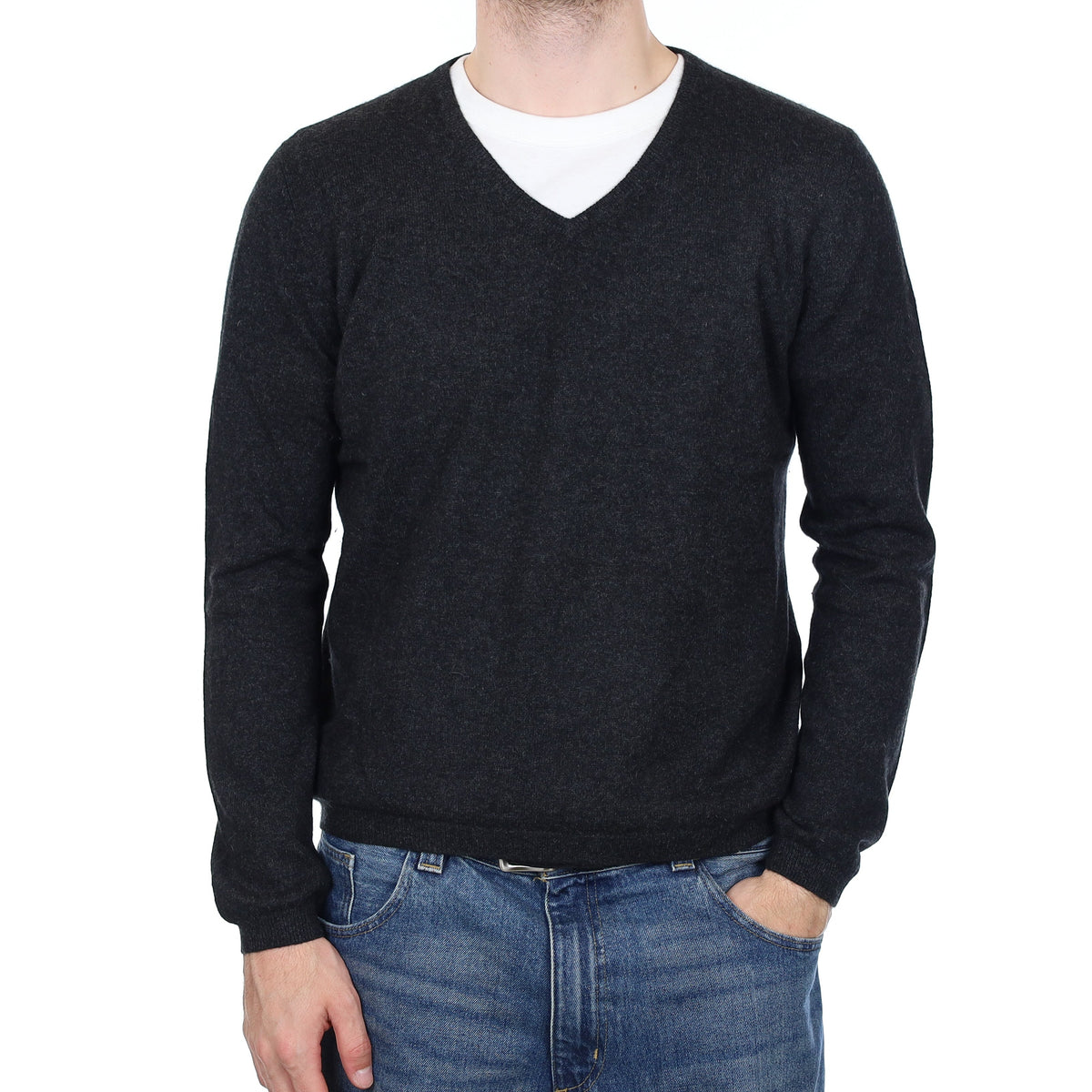 Men's Graphite Grey Cashmere V Neck Jumper Large