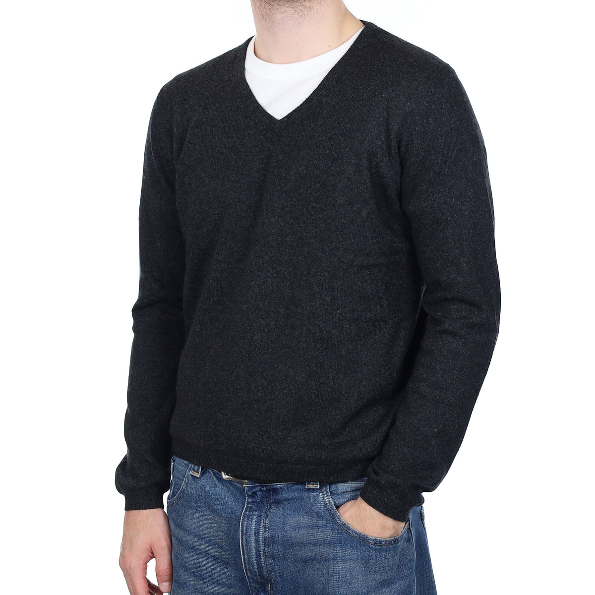 Men's Graphite Grey Cashmere V Neck Jumper Large