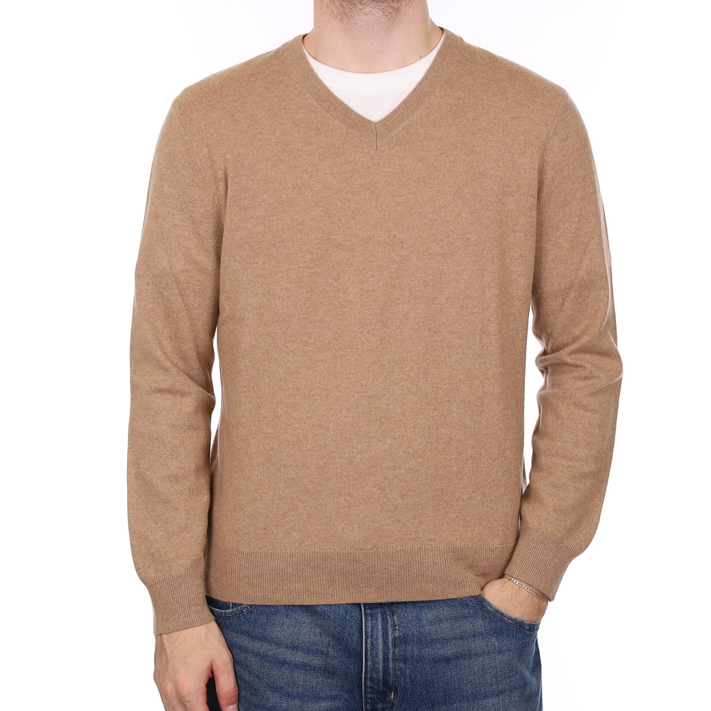 Men's Fudge Brown Cashmere V Neck Jumper Large