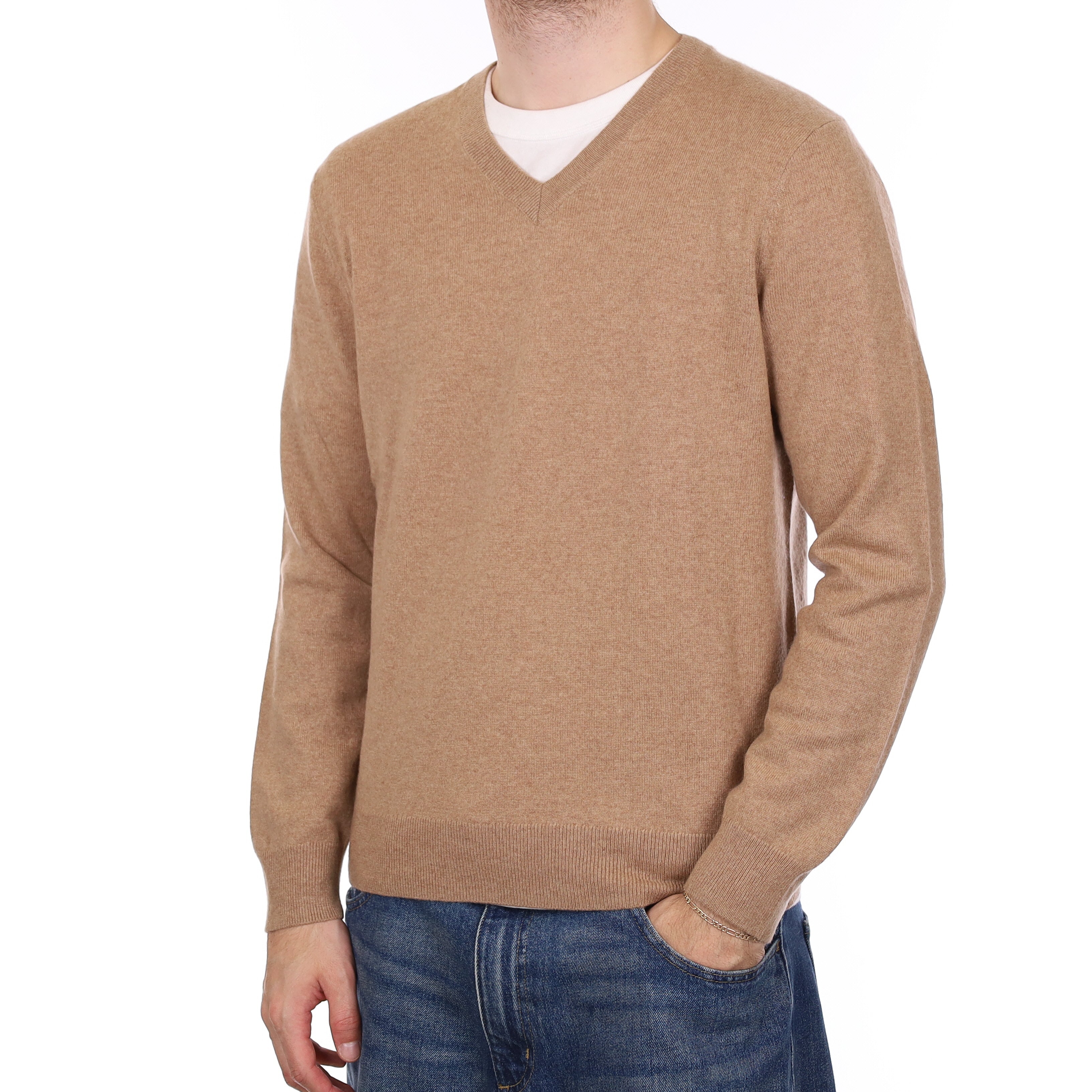 Men's Fudge Brown Cashmere V Neck Jumper Large