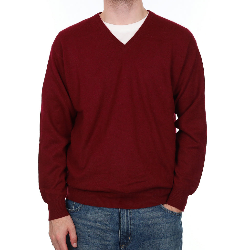 Men's Burgundy Red Cashmere V Neck Jumper Large