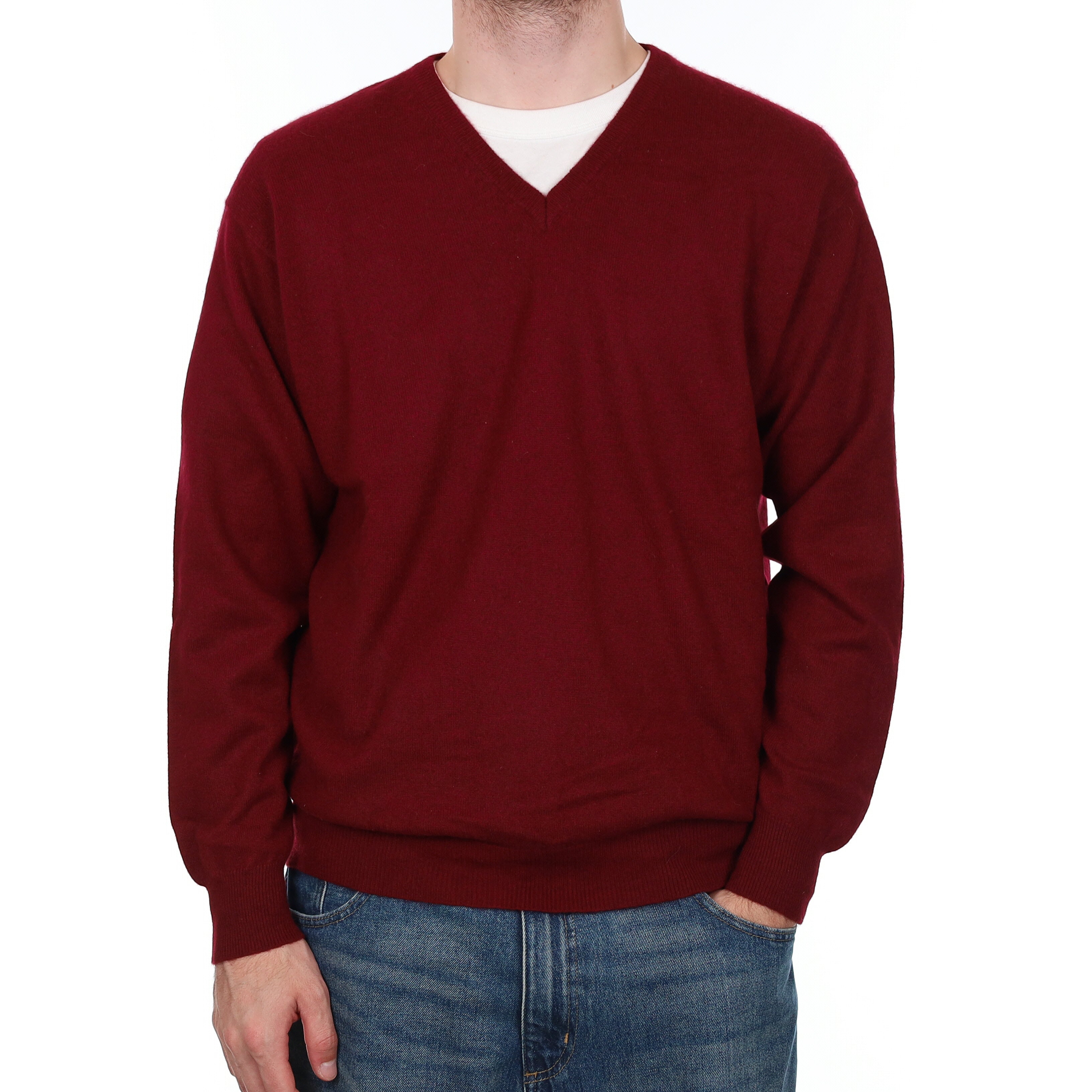 Men's Burgundy Red Cashmere V Neck Jumper Large