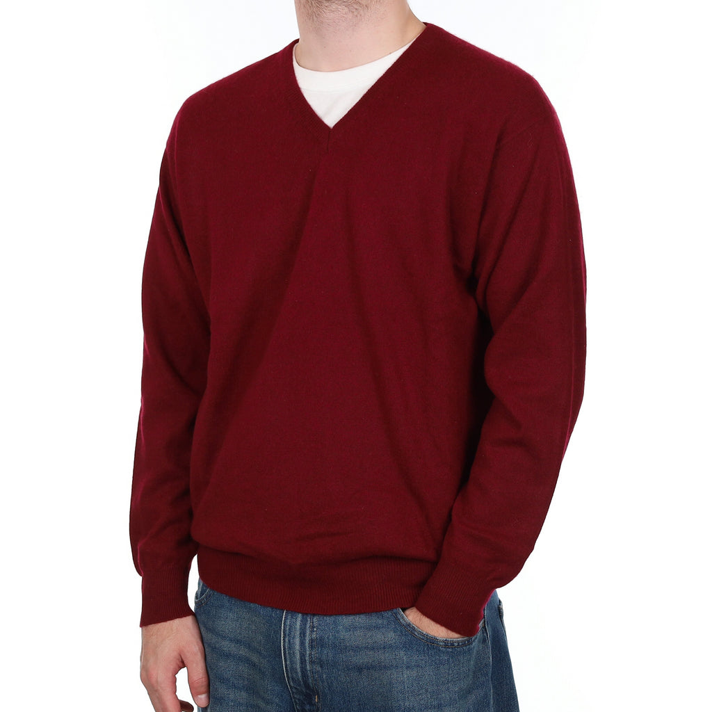 Men's Burgundy Red Cashmere V Neck Jumper Large