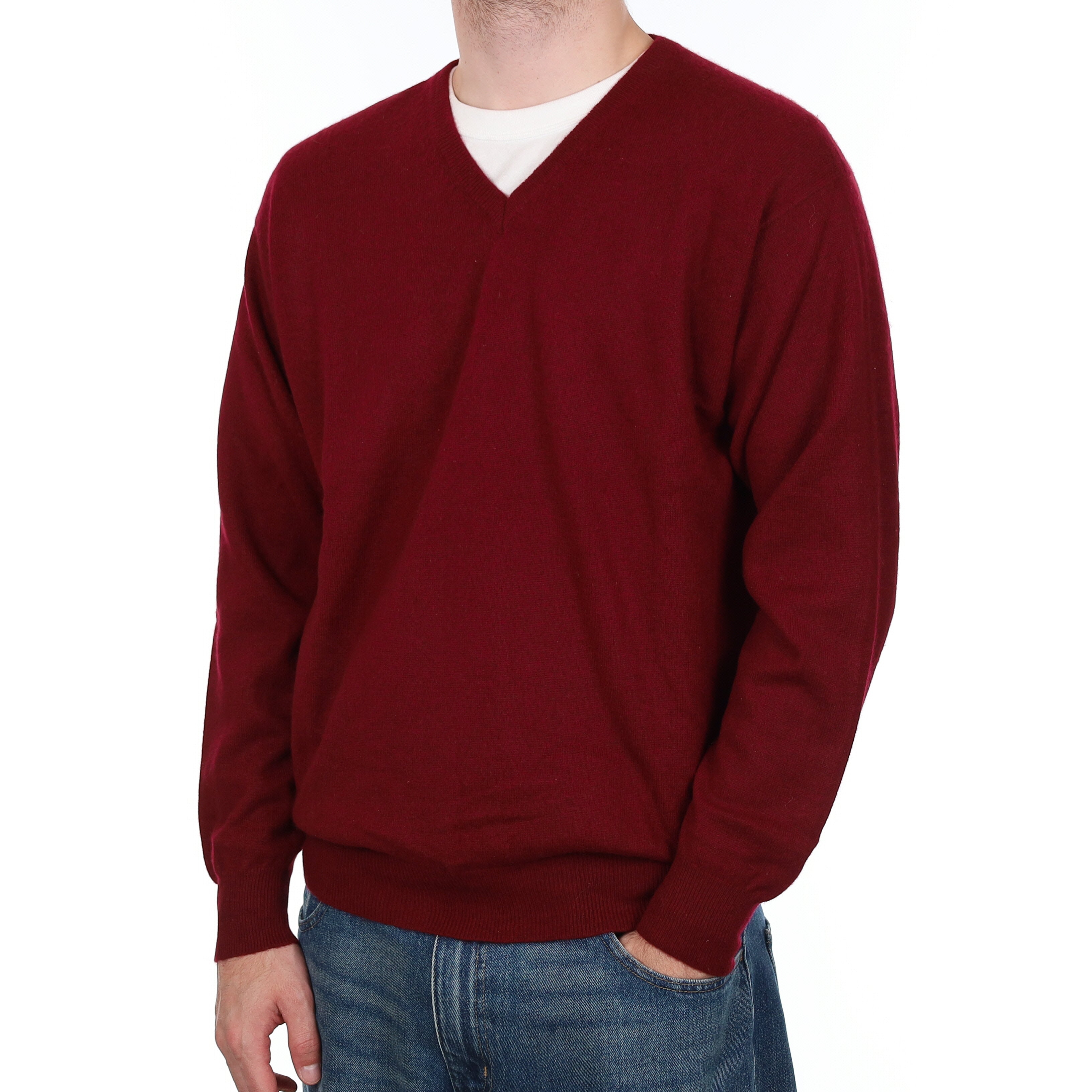 Men's Burgundy Red Cashmere V Neck Jumper Large