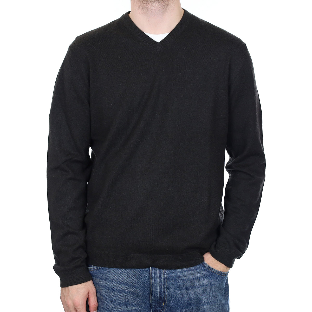 Men's Deep Khaki Green Cashmere V Neck Jumper Large