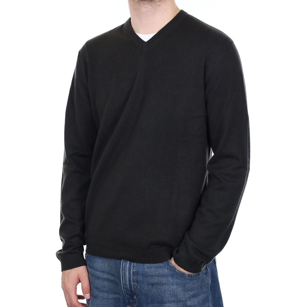 Men's Deep Khaki Green Cashmere V Neck Jumper Large