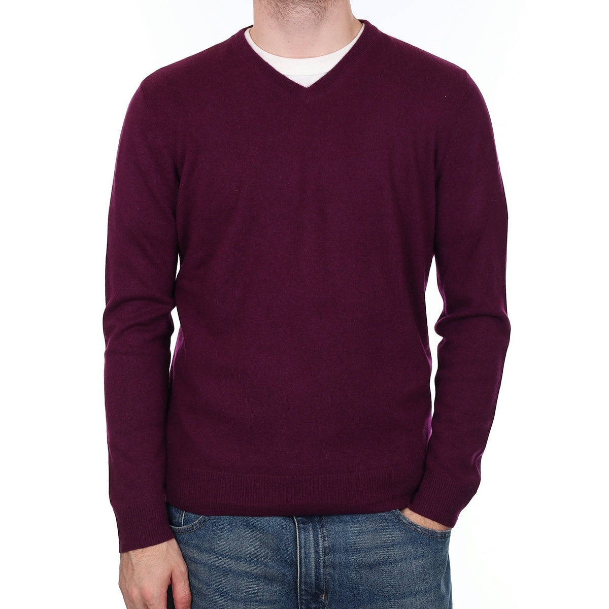 Men's Damson Purple Cashmere V Neck Jumper Large