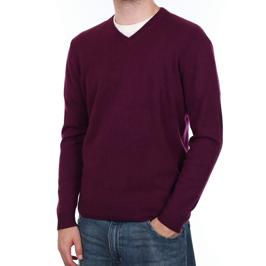 Men's Damson Purple Cashmere V Neck Jumper Large