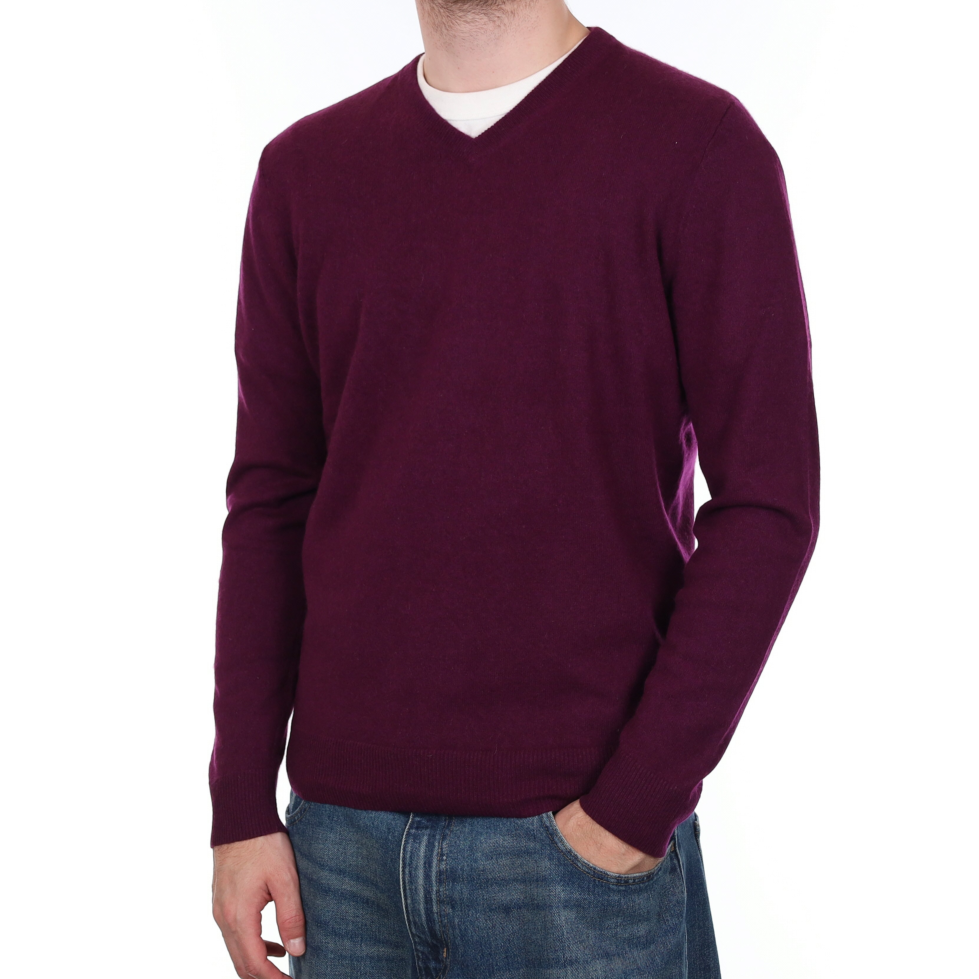 Men's Damson Purple Cashmere V Neck Jumper Large
