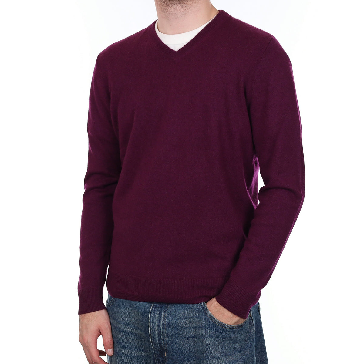 Men's Damson Purple Cashmere V Neck Jumper Large
