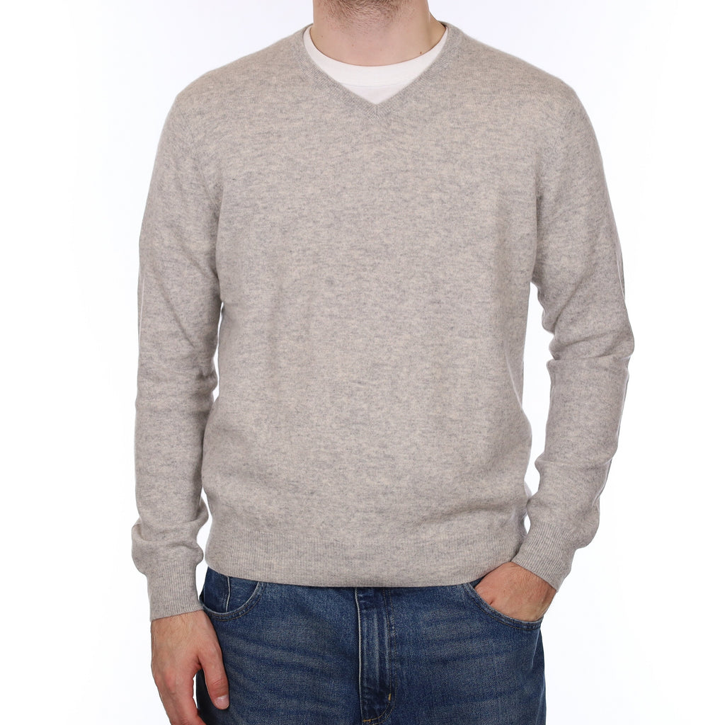 Men's Mist Grey Cashmere V Neck Jumper Large