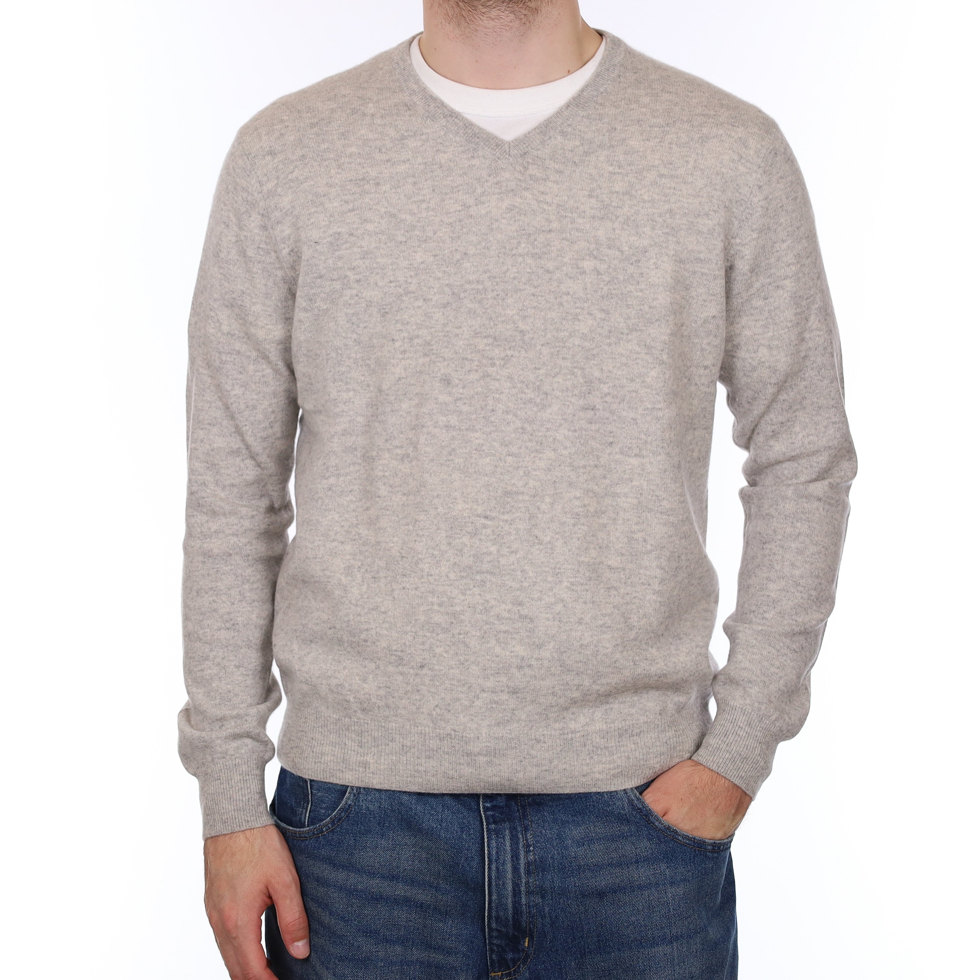 Men's Mist Grey Cashmere V Neck Jumper Large