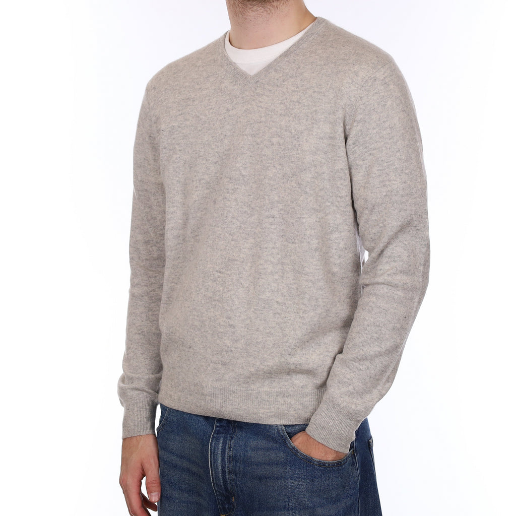 Men's Mist Grey Cashmere V Neck Jumper Large