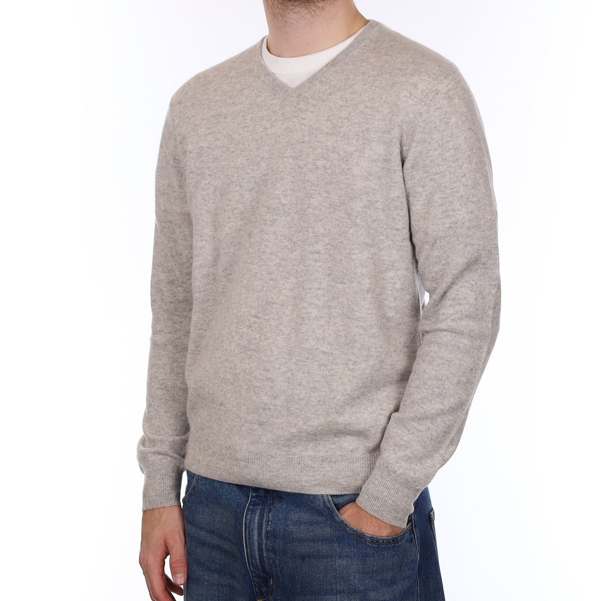Men's Mist Grey Cashmere V Neck Jumper Large
