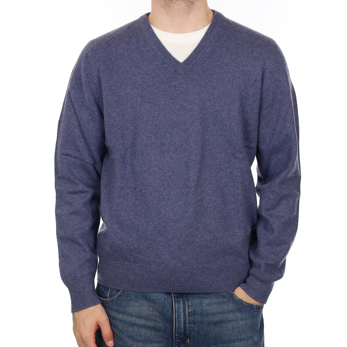 Men's Denim Blue Heavy Knit Cashmere V Neck Jumper Large