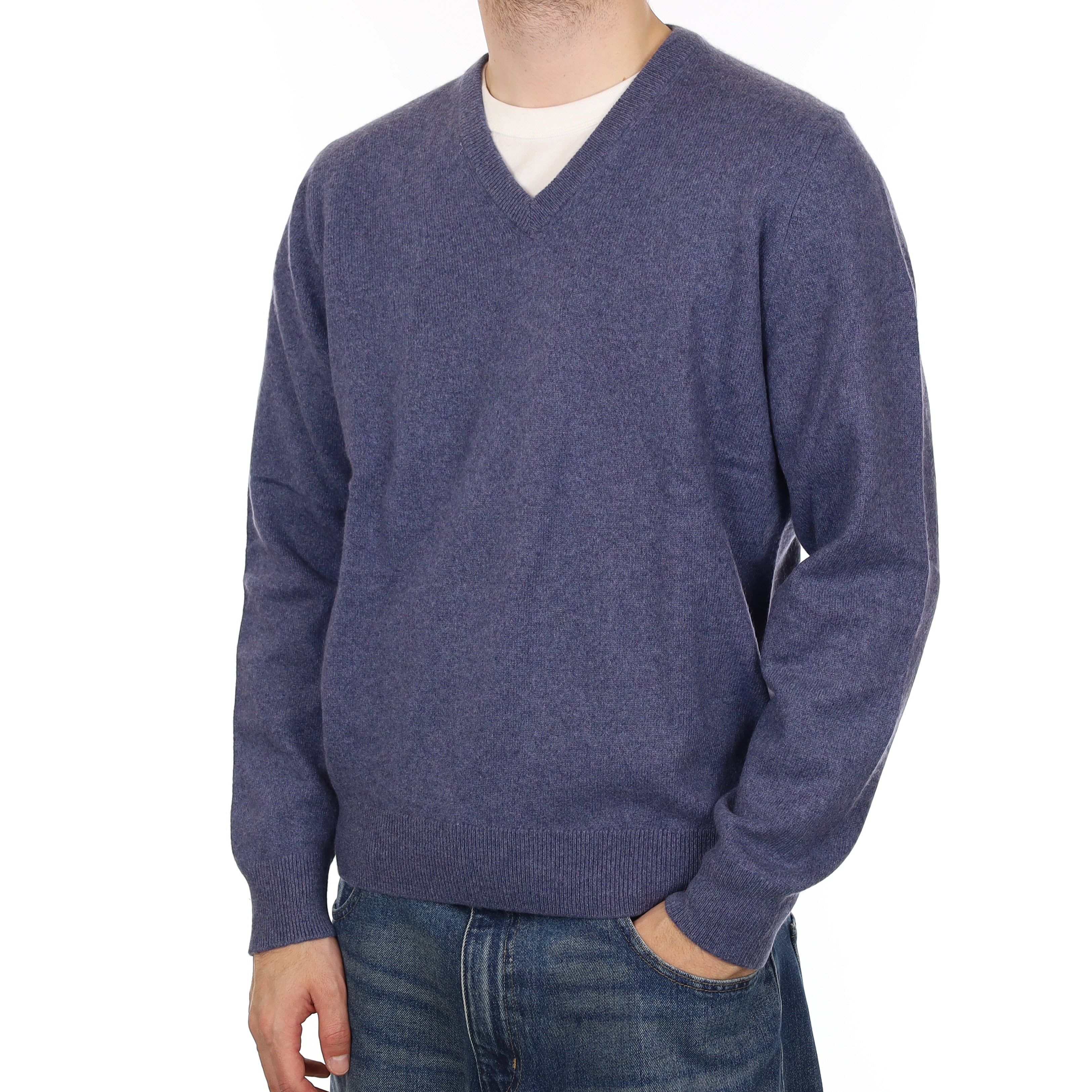 Men's Denim Blue Heavy Knit Cashmere V Neck Jumper Large