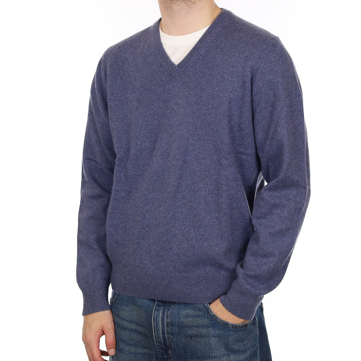 Men's Denim Blue Heavy Knit Cashmere V Neck Jumper Large
