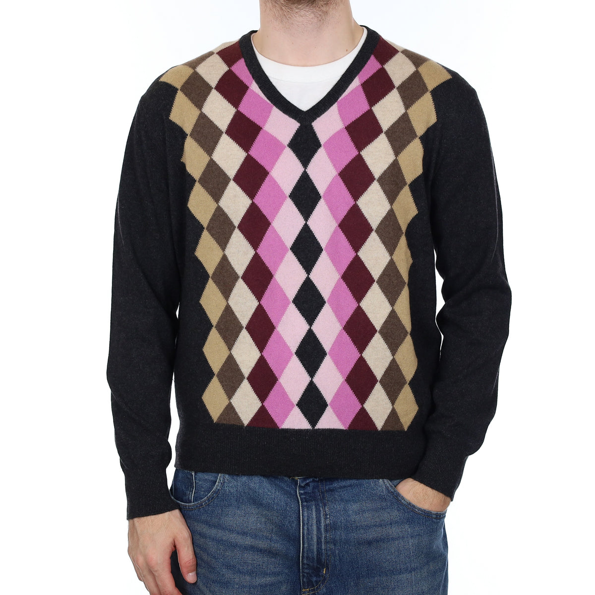 Men's Italian Charcoal and Mauve Diamond Cashmere V Neck Jumper Large