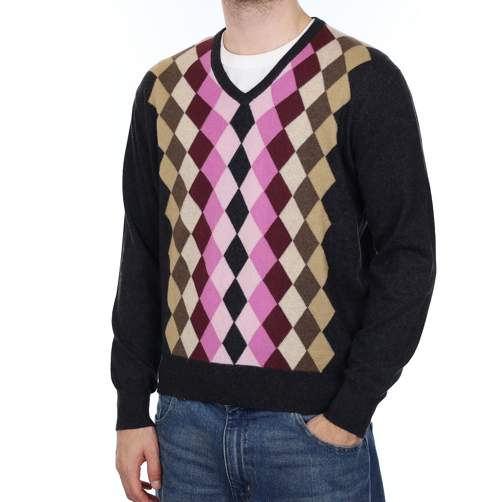 Men's Italian Charcoal and Mauve Diamond Cashmere V Neck Jumper Large