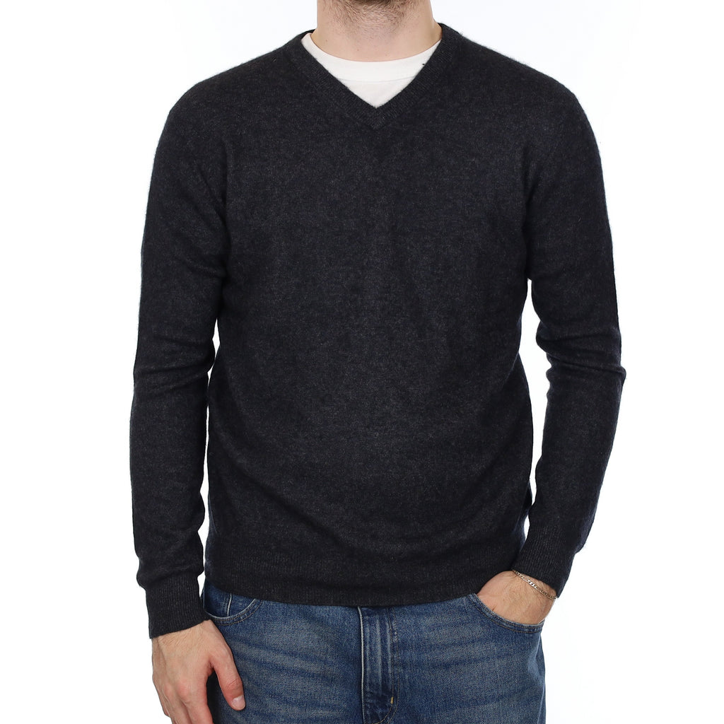 Men's Charcoal Grey Cashmere V Neck Jumper Large