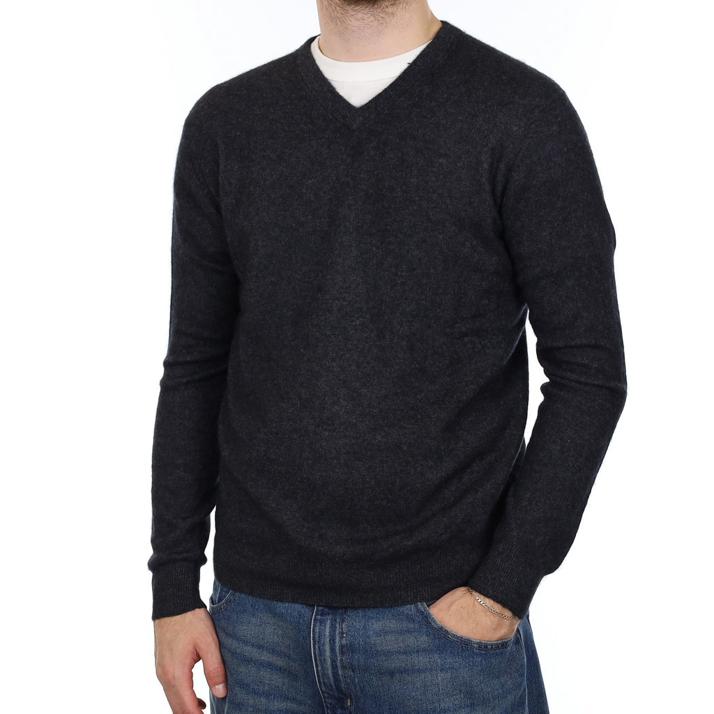 Men's Charcoal Grey Cashmere V Neck Jumper Large