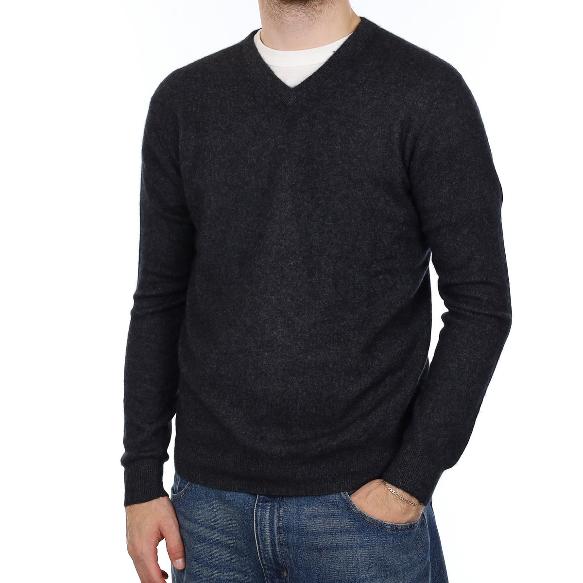 Men's Charcoal Grey Cashmere V Neck Jumper Large