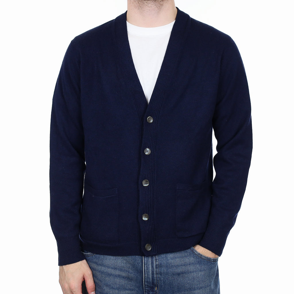 Men's Vintage English Navy Cashmere V Neck Cardigan Large