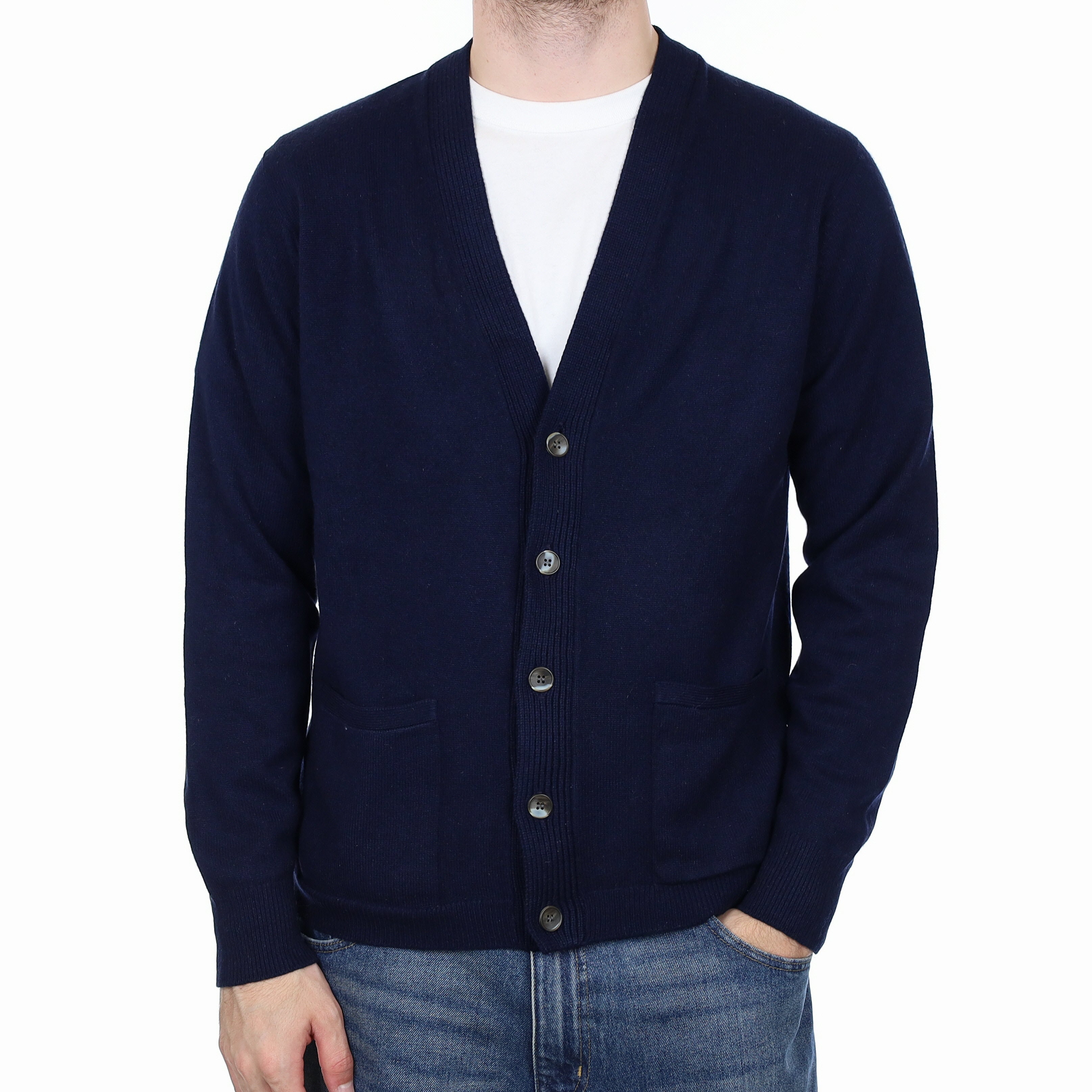 Men's Vintage English Navy Cashmere V Neck Cardigan Large