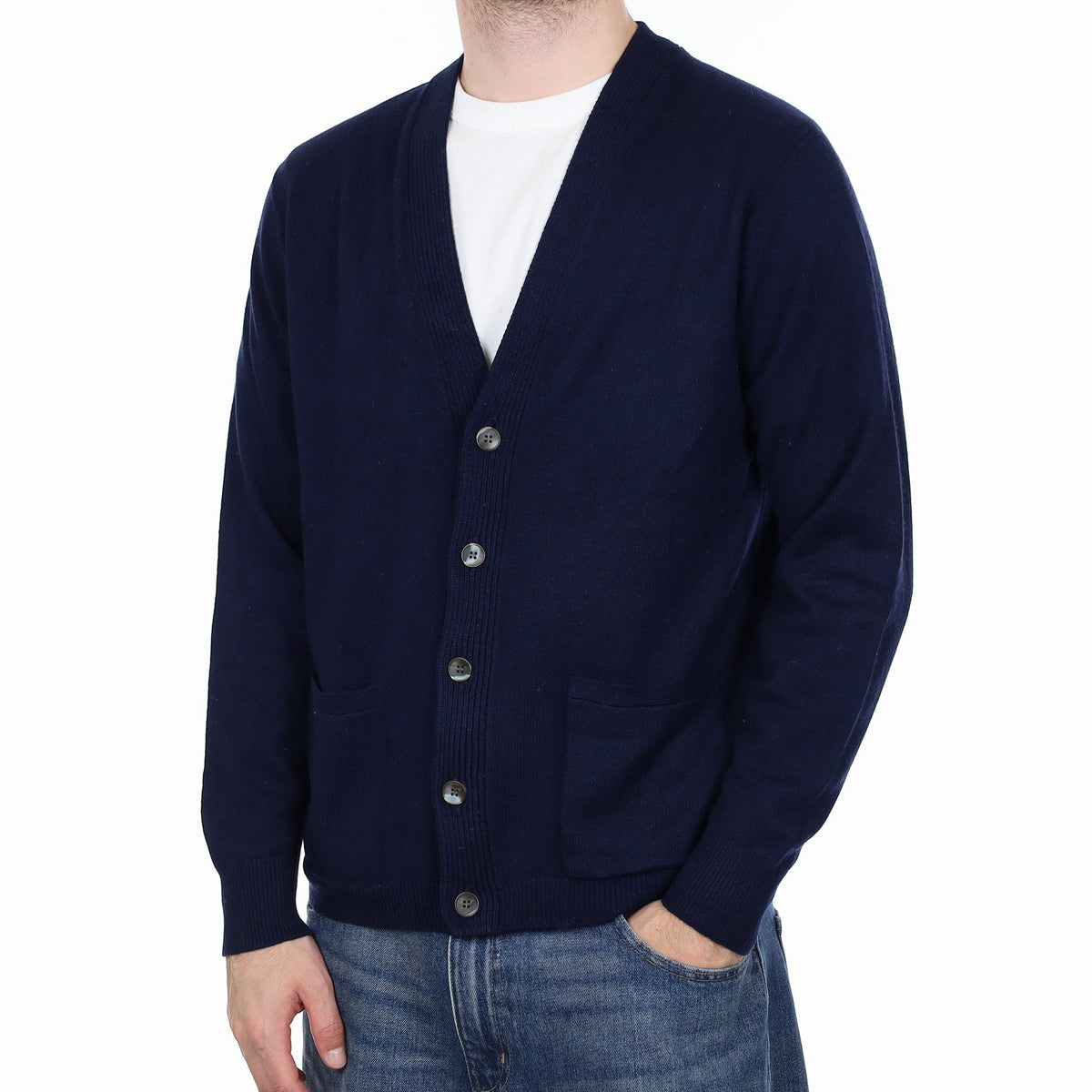 Men's Vintage English Navy Cashmere V Neck Cardigan Large