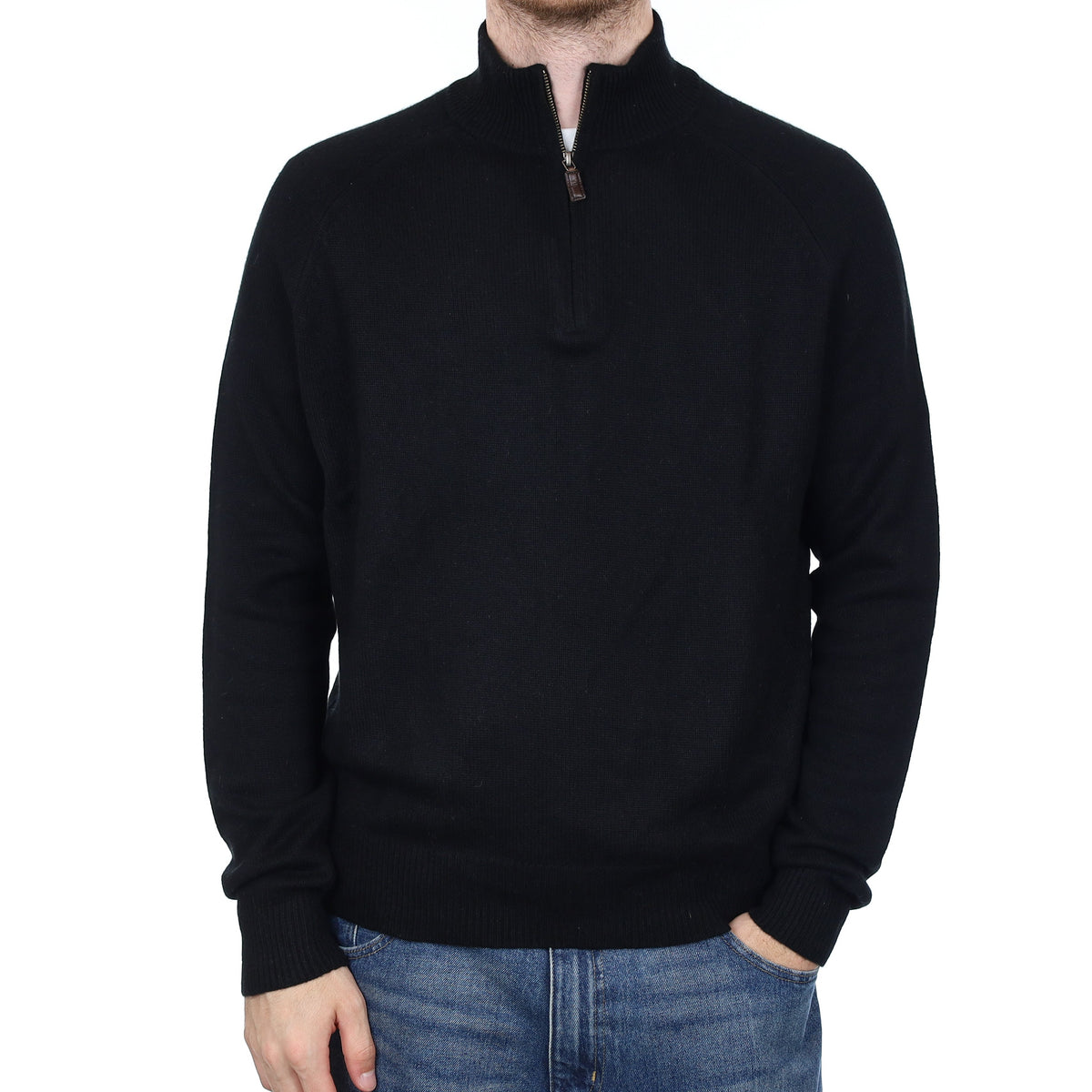 Men's Black Heavy Knit Cashmere 1/4 Zip Jumper Large